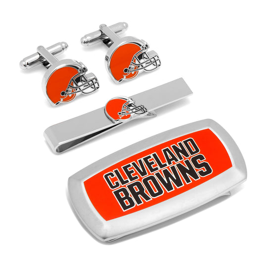 The Cufflinks.com NFL Cleveland Browns 3-Piece Cushion Gift Set includes helmet-shaped cufflinks, a tie bar, and a money clip with the team logo and name—perfect for Browns fans.