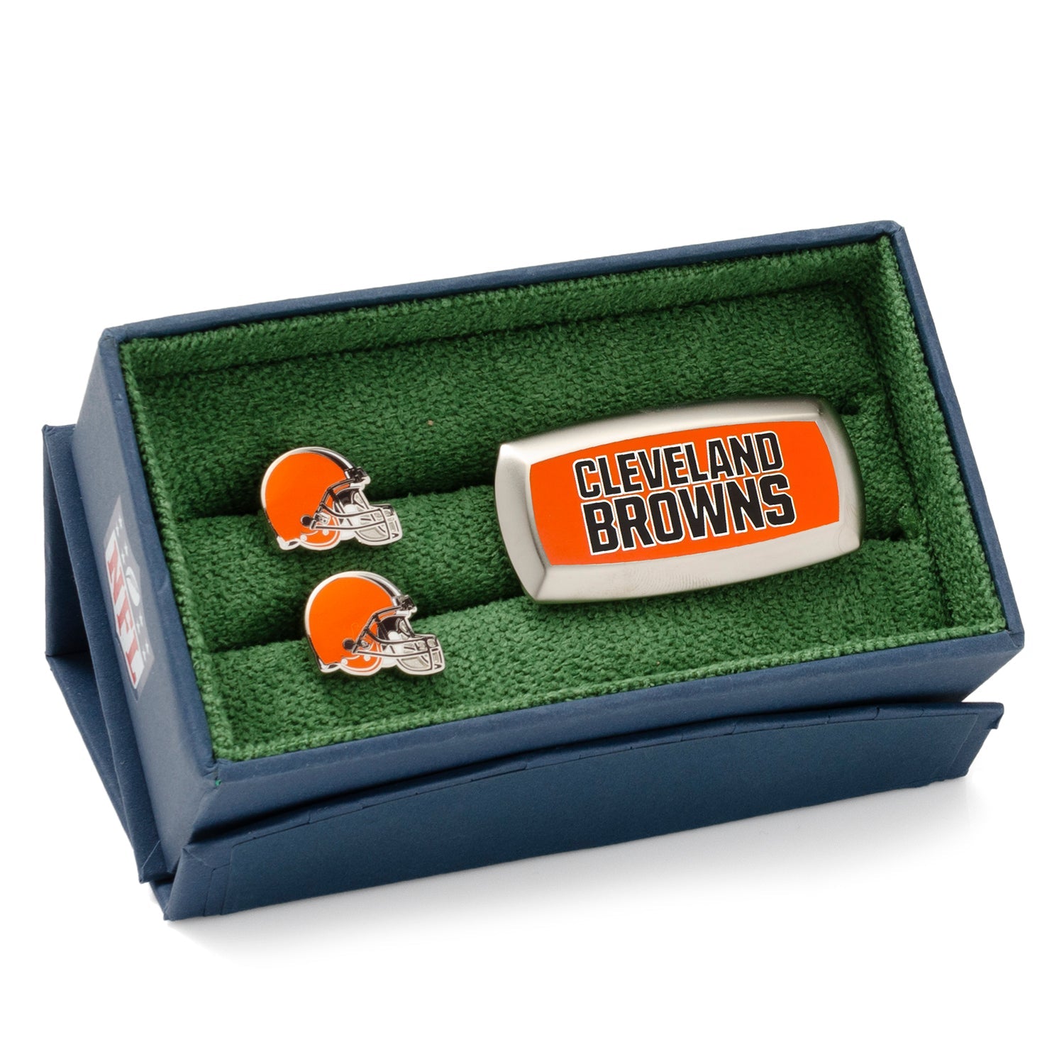The NFL Cleveland Browns Cufflinks and Cushion Money Clip Gift Set by Cufflinks.com includes football helmet-shaped cufflinks and a team logo money clip—ideal for Browns fans.