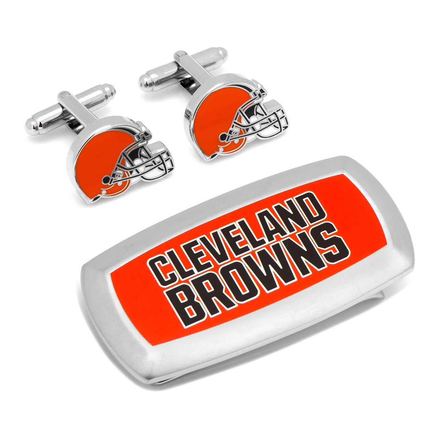 The NFL Cleveland Browns Cufflinks and Cushion Money Clip Gift Set by Cufflinks.com includes football helmet-shaped cufflinks and a team logo money clip—ideal for Browns fans.
