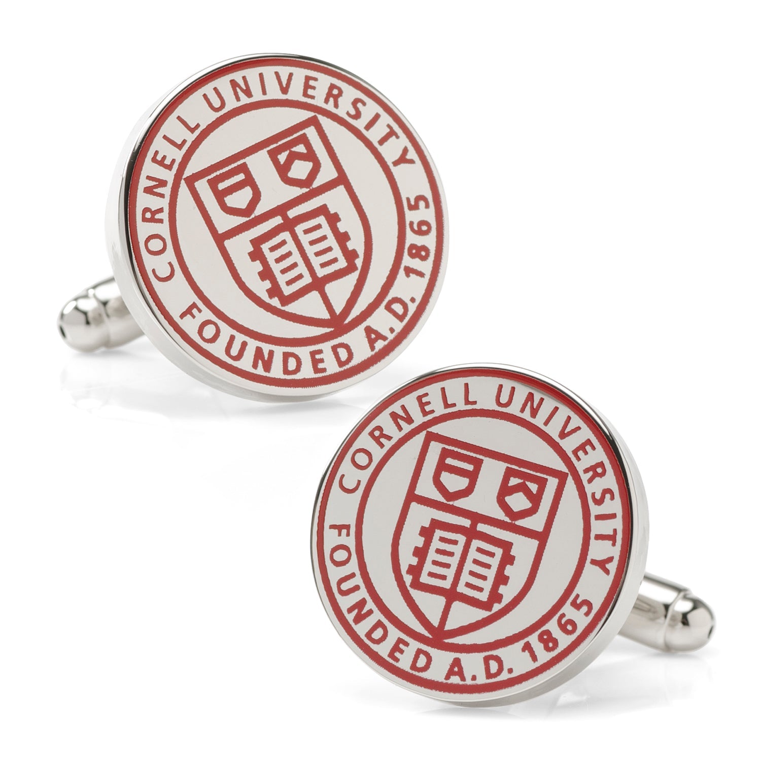 NCAA Cornell University Cufflinks by Cufflinks.com feature a round design with the red and white school crest and "Founded A.D. 1865"—an ideal gift for alumni and fans.