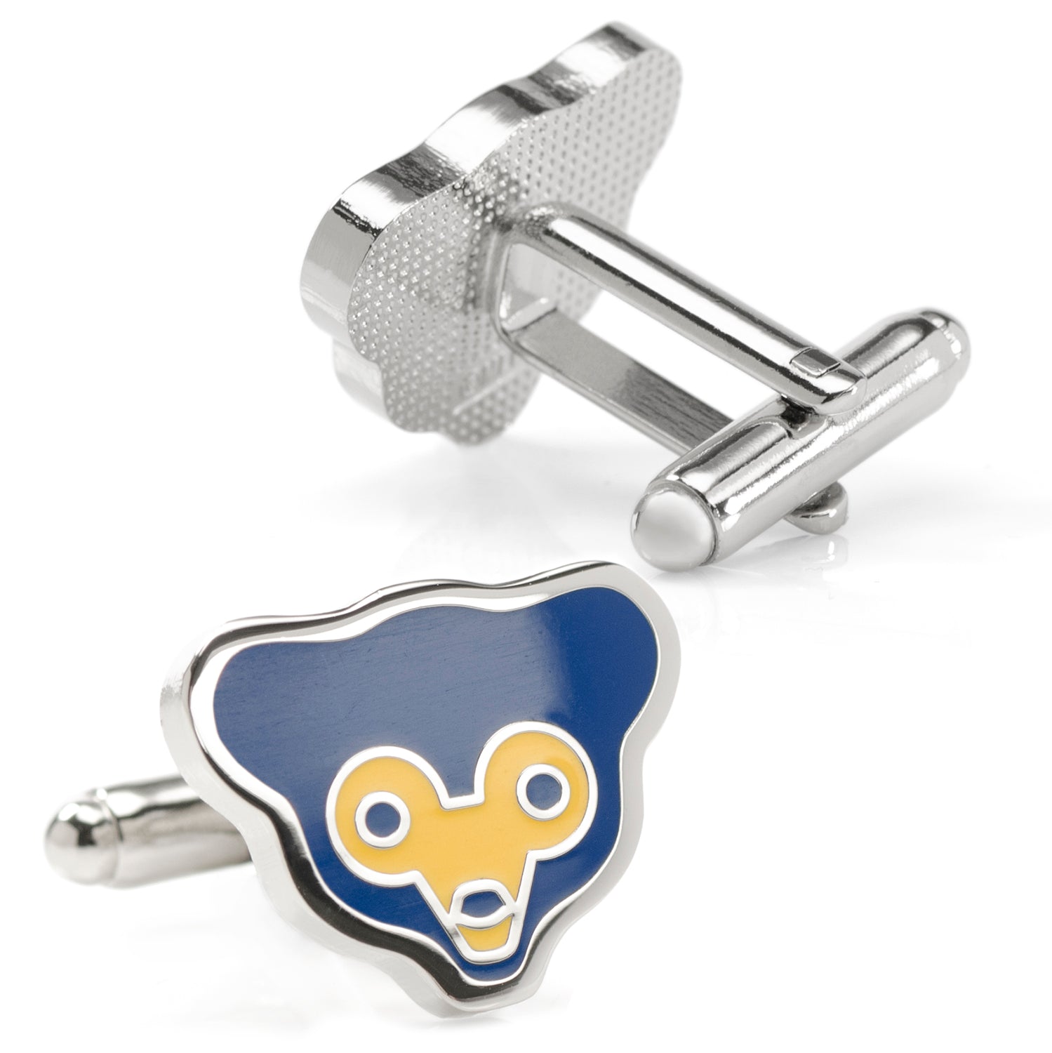 Show off your team spirit with the MLB Chicago Cubs Throwback Cufflinks by Cufflinks.com, featuring a bold blue and yellow bear face design with metal edges and bullet back closures—ideal for any Cubs fan seeking unique style.