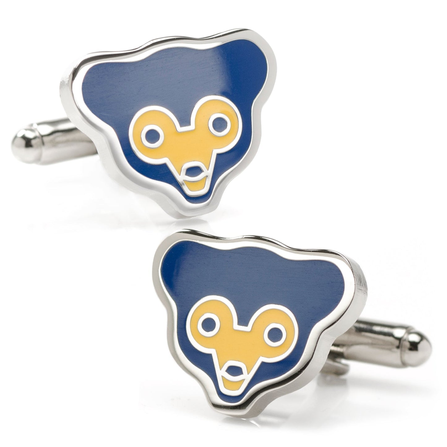Show off your team spirit with the MLB Chicago Cubs Throwback Cufflinks by Cufflinks.com, featuring a bold blue and yellow bear face design with metal edges and bullet back closures—ideal for any Cubs fan seeking unique style.