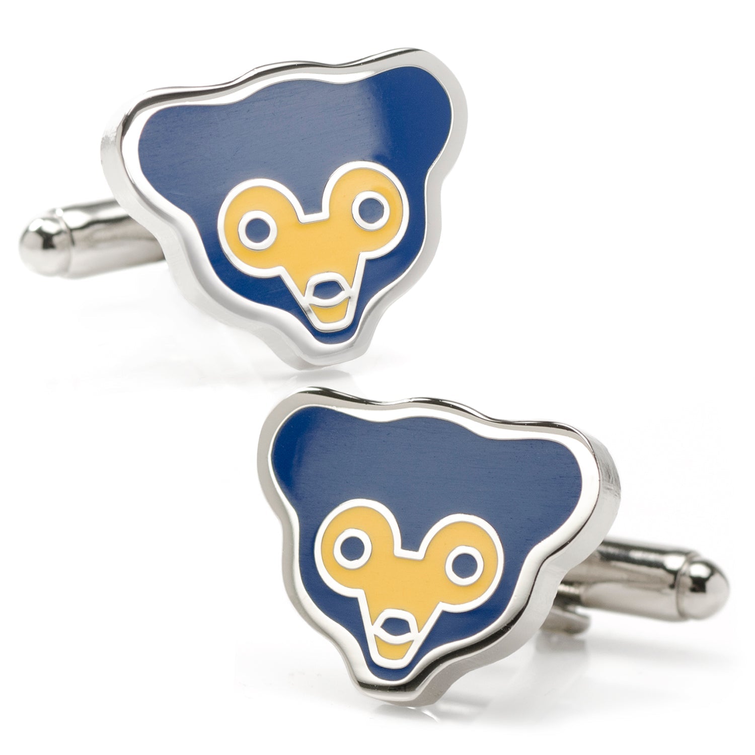 Show off your team spirit with the MLB Chicago Cubs Throwback Cufflinks by Cufflinks.com, featuring a bold blue and yellow bear face design with metal edges and bullet back closures—ideal for any Cubs fan seeking unique style.