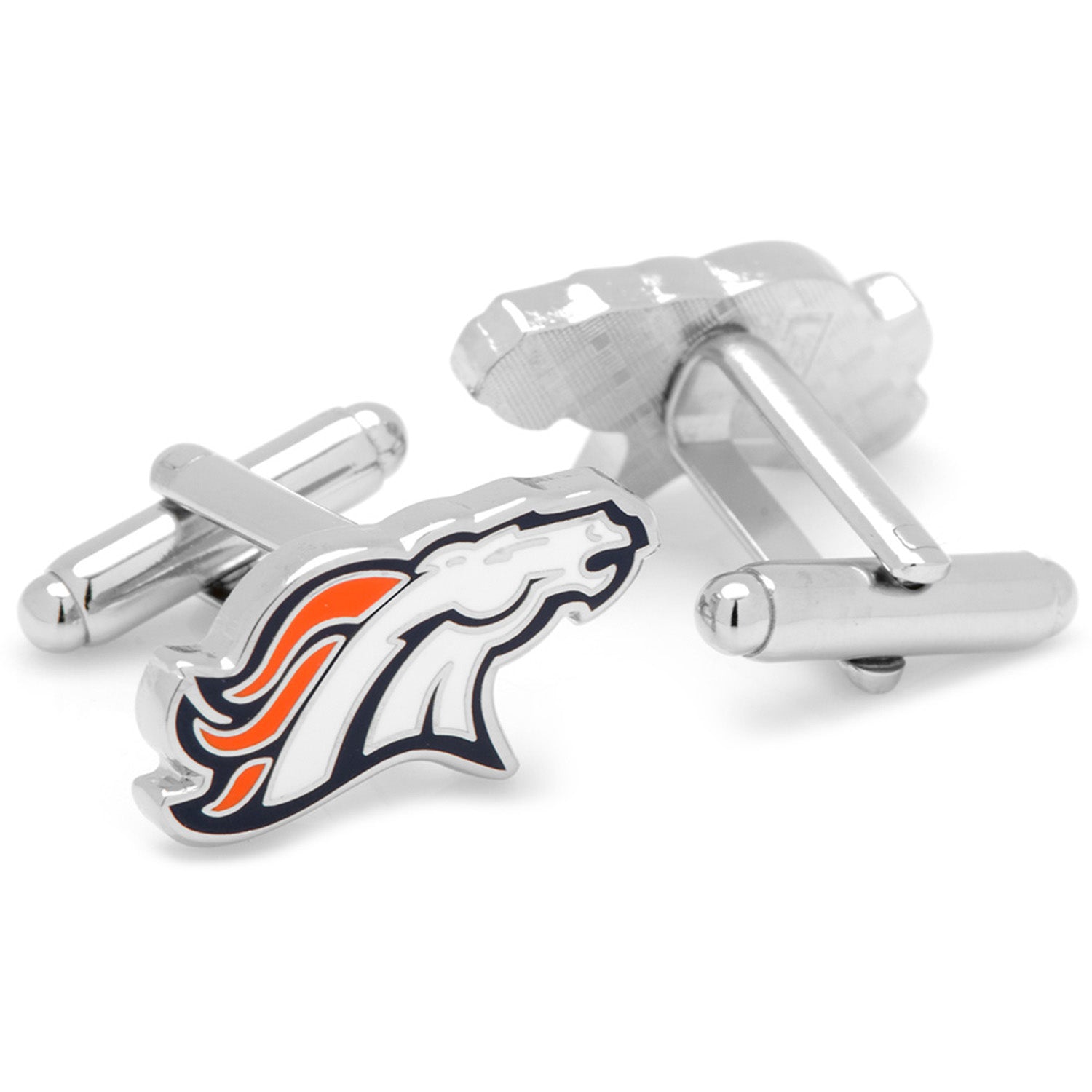 NFL Denver Broncos Cufflinks by Cufflinks.com feature the team's horse head logo in orange, white, and navy blue on a silver base.