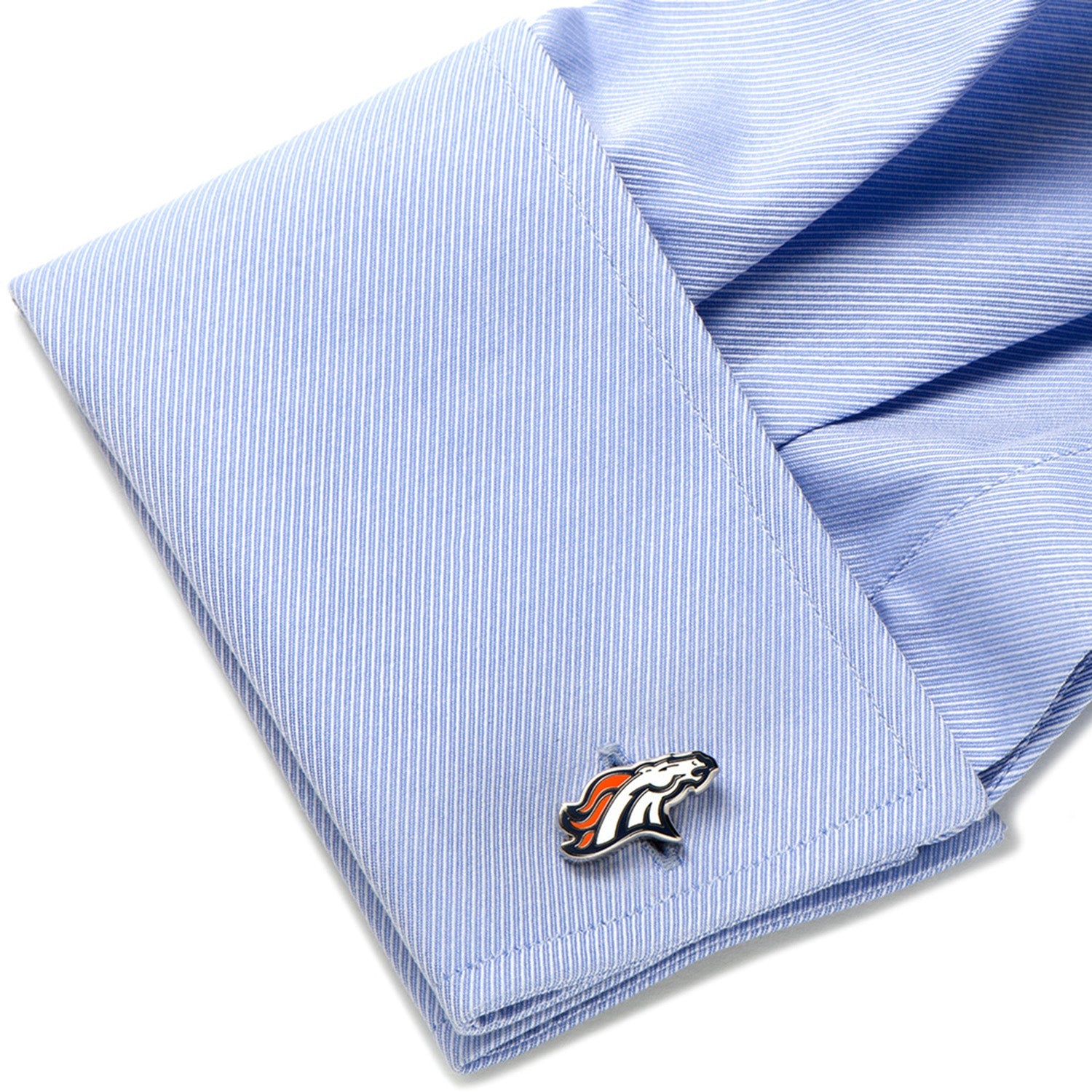 NFL Denver Broncos Cufflinks by Cufflinks.com feature the team's horse head logo in orange, white, and navy blue on a silver base.
