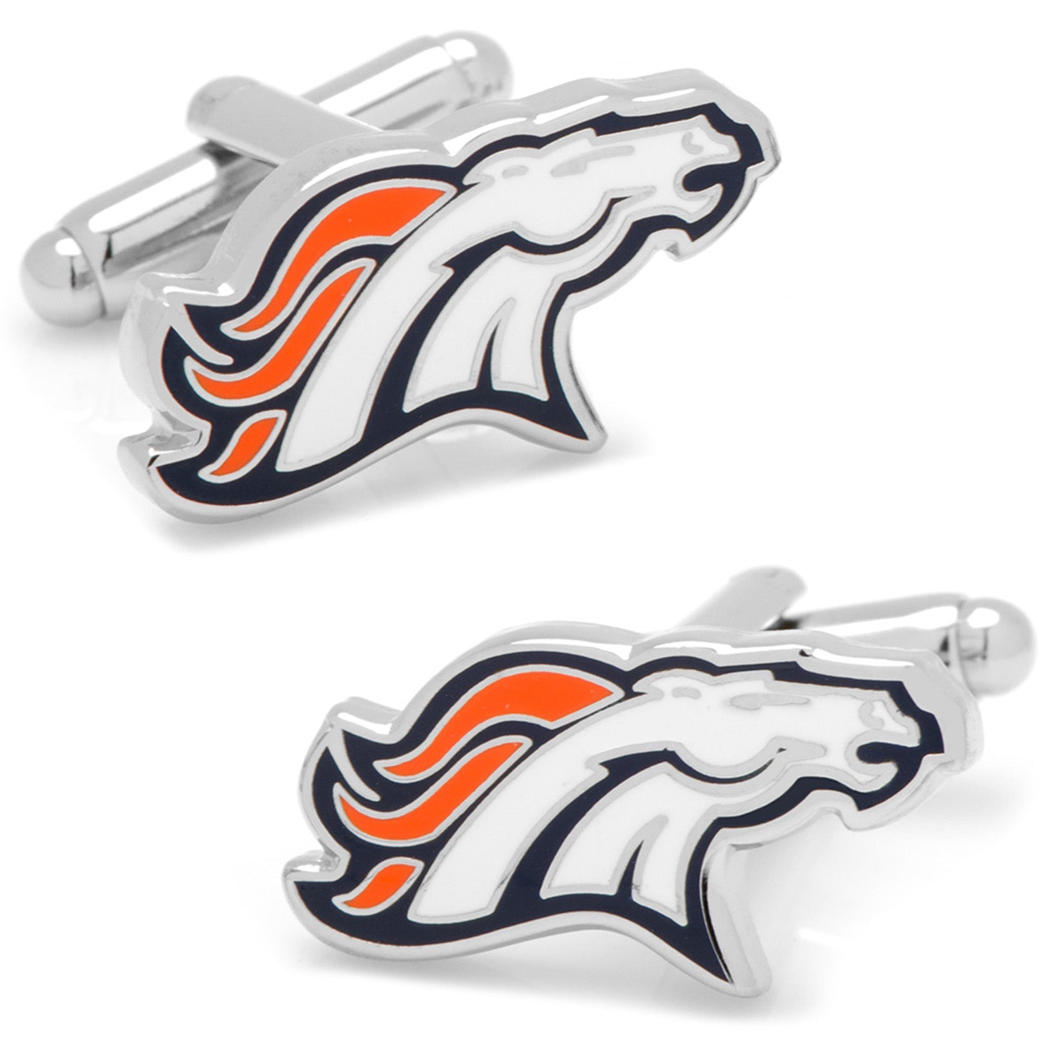NFL Denver Broncos Cufflinks by Cufflinks.com feature the team's horse head logo in orange, white, and navy blue on a silver base.