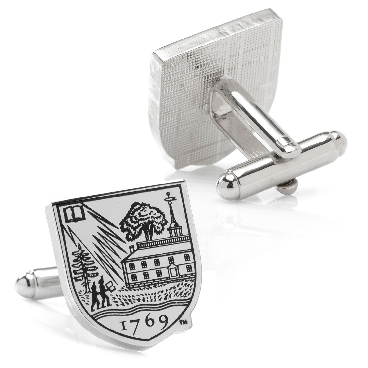 Show your Dartmouth pride with NCAA Dartmouth College Cufflinks by Cufflinks.com—shield-shaped silver cufflinks engraved with a campus building, trees, and "1769" beneath the design.
