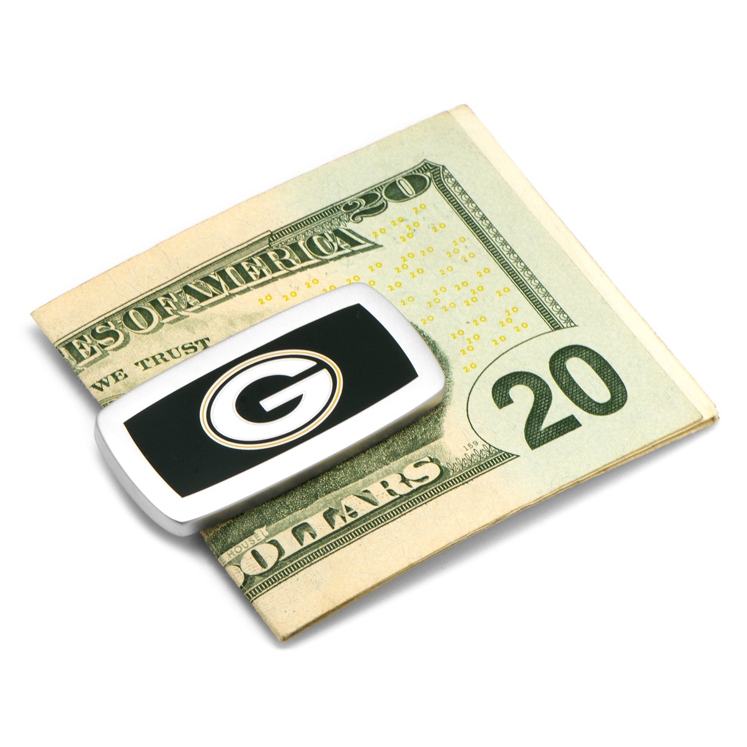 Show your team spirit with the NFL Green Bay Packers Cushion Money Clip by Cufflinks.com, featuring the team logo on a vibrant green background.