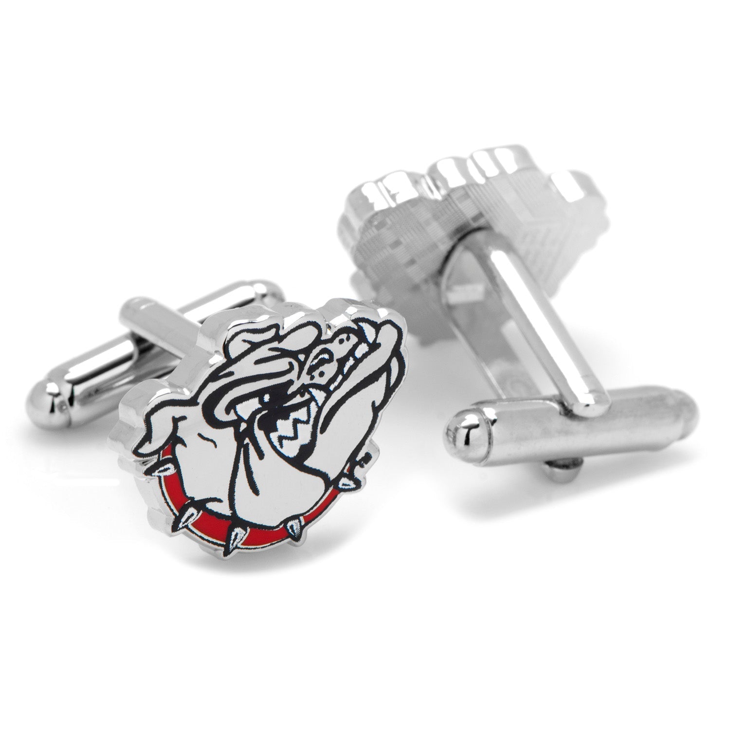 Show off your team pride with NCAA Gonzaga University Bulldogs Cufflinks by Cufflinks.com, featuring a silver illustrated bulldog head with a spiked collar and red and black accents—ideal for any Bulldogs basketball fan.