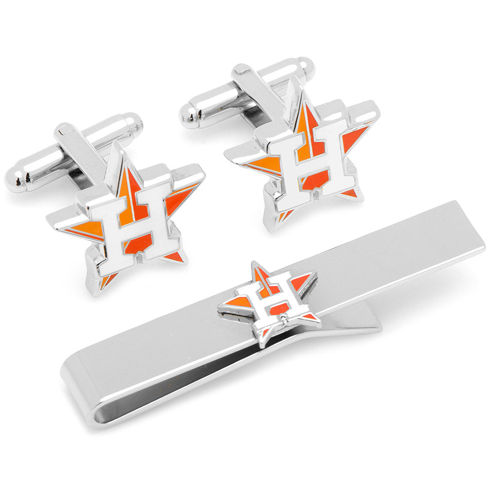 The MLB Houston Astros Cufflinks and Tie Bar Gift Set from Cufflinks.com features the team's orange and white star logo, making it a must-have accessory for any Astros fan.