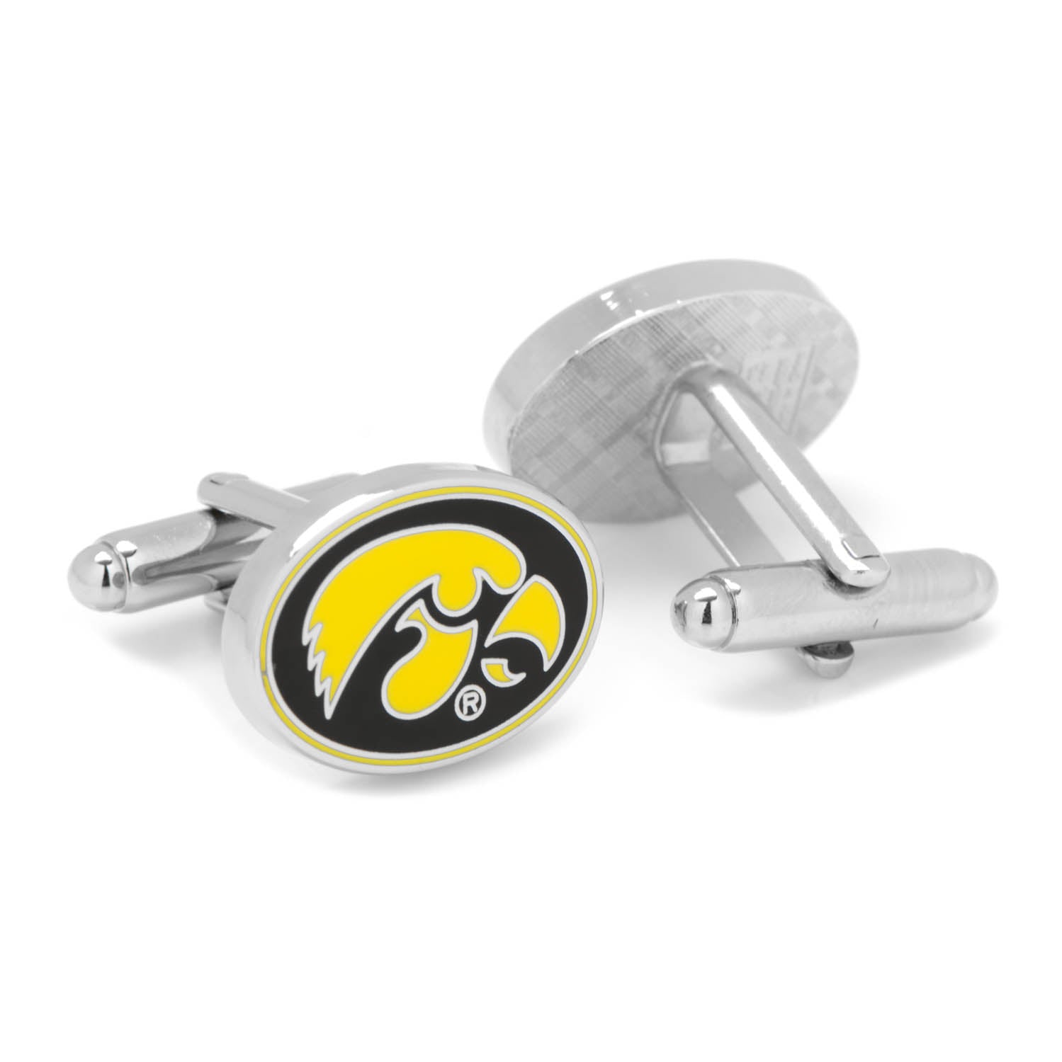 Show your team spirit with Cufflinks.com NCAA University of Iowa Hawkeyes Cufflinks, featuring the yellow and black Hawkeyes logo on a sleek silver base—ideal for any fan's formal wear.