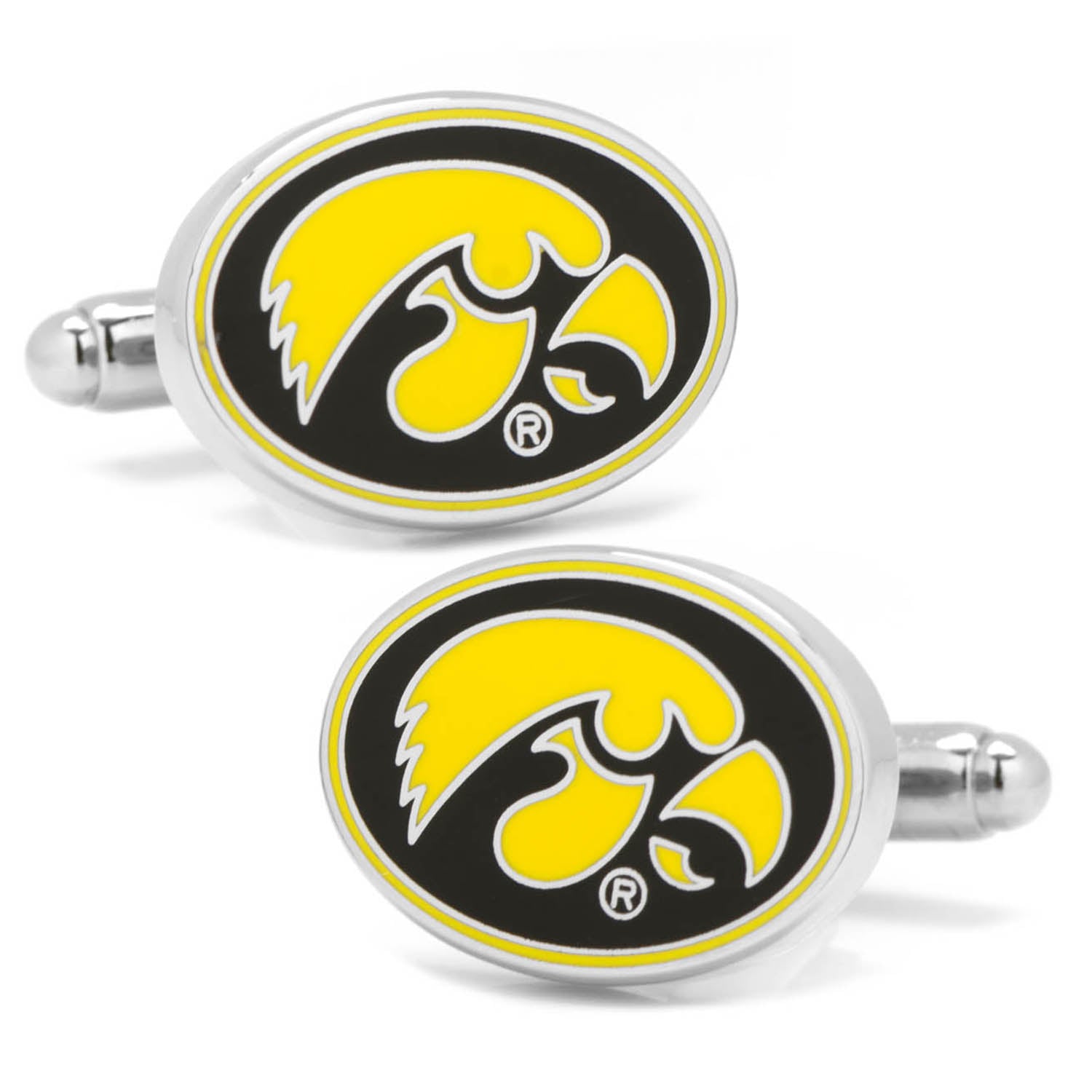Show your team spirit with Cufflinks.com NCAA University of Iowa Hawkeyes Cufflinks, featuring the yellow and black Hawkeyes logo on a sleek silver base—ideal for any fan's formal wear.