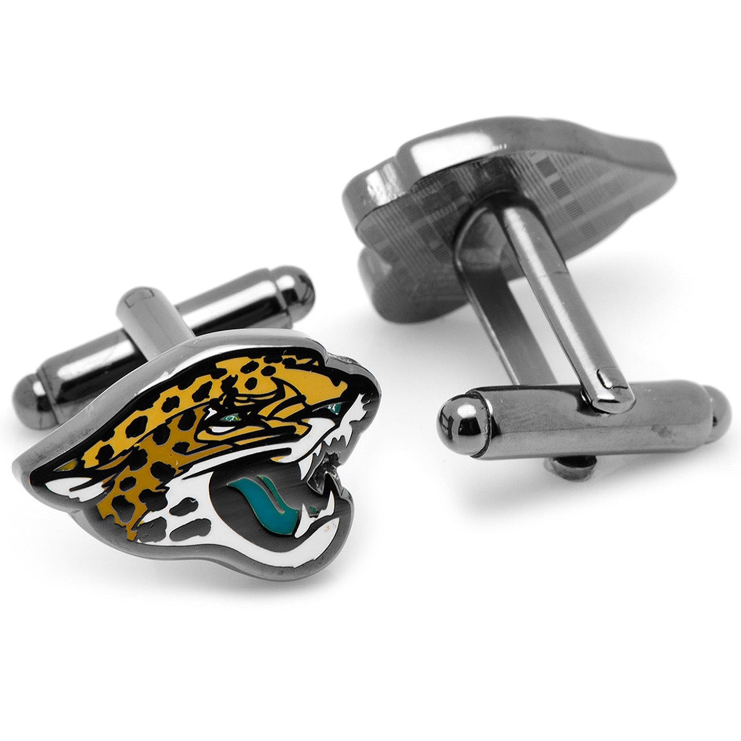 The NFL Jacksonville Jaguars Black Cufflinks by Cufflinks.com feature a stylized jaguar head logo in yellow, black, white, and teal.