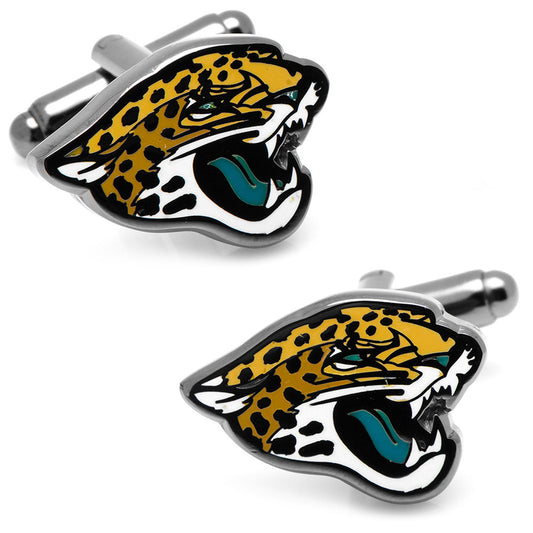 The NFL Jacksonville Jaguars Black Cufflinks by Cufflinks.com feature a stylized jaguar head logo in yellow, black, white, and teal.