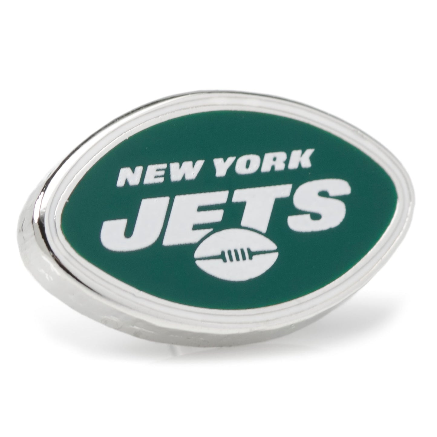 Show your team spirit with the NFL New York Jets Lapel Pin by Cufflinks.com, featuring the Jets logo and text on a silver and green oval— a great NFL accessory for fans.