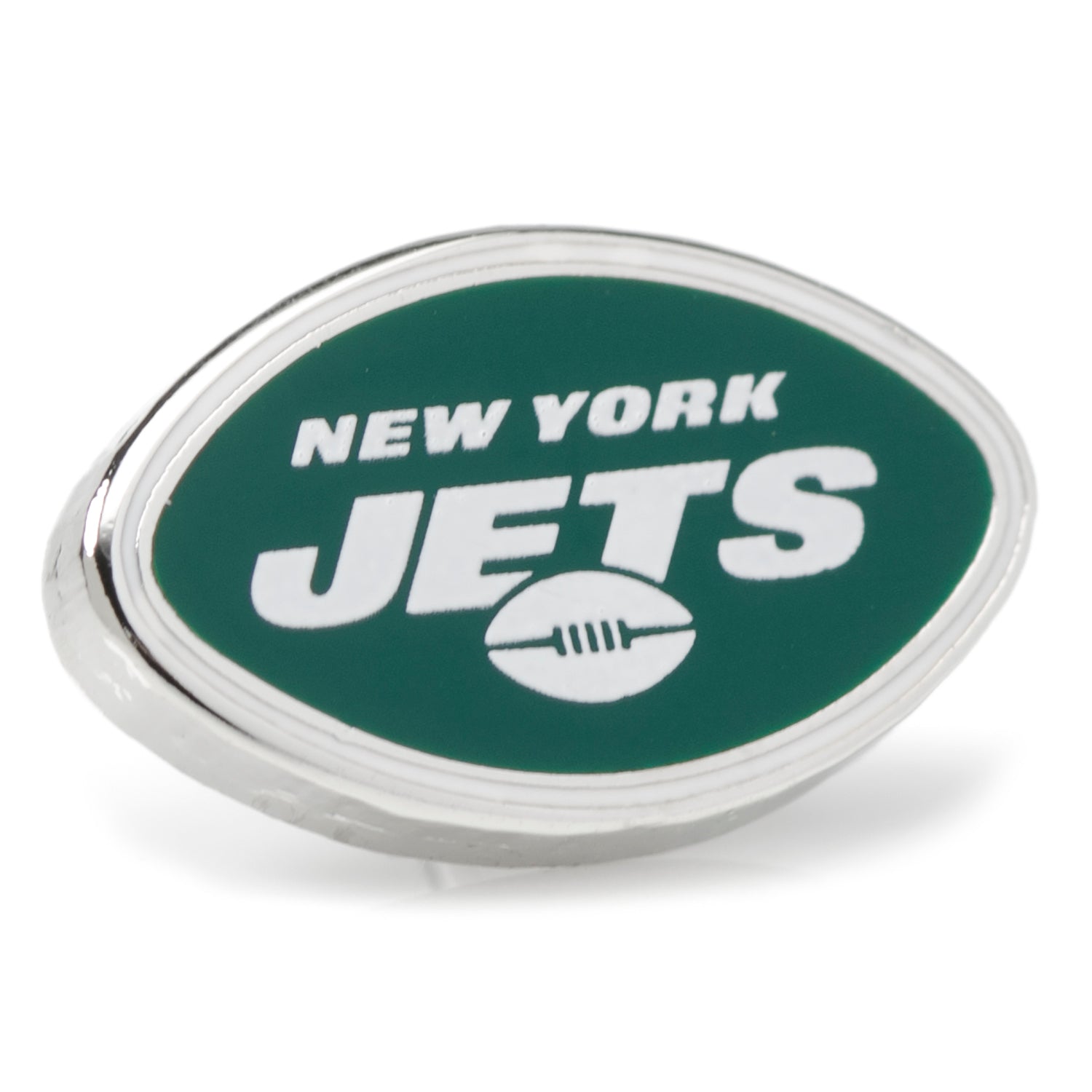 Show your team spirit with the NFL New York Jets Lapel Pin by Cufflinks.com, featuring the Jets logo and text on a silver and green oval— a great NFL accessory for fans.