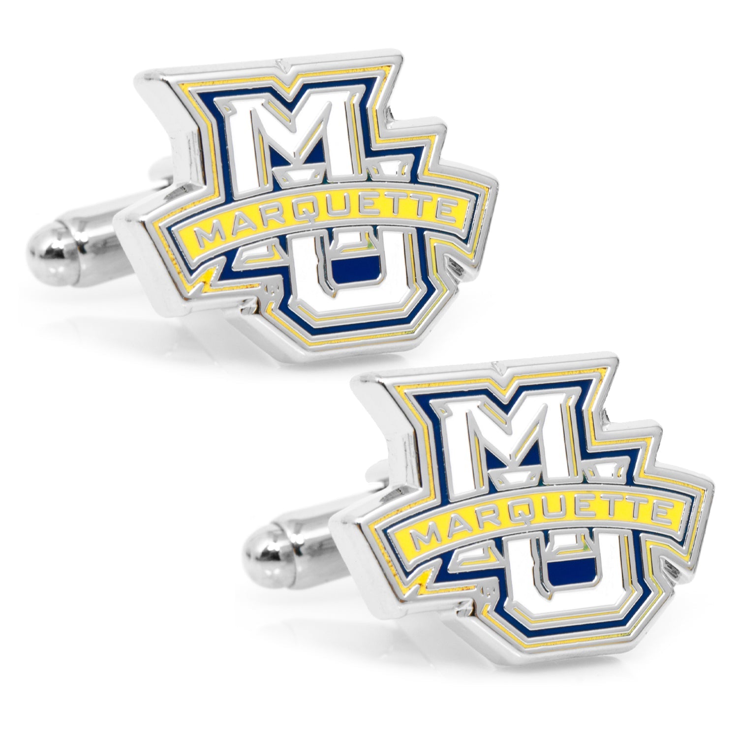 NCAA Marquette Golden Eagle Cufflinks by Cufflinks.com feature the Marquette logo in blue, yellow, and white enamel—a stylish tribute for Marquette fans.