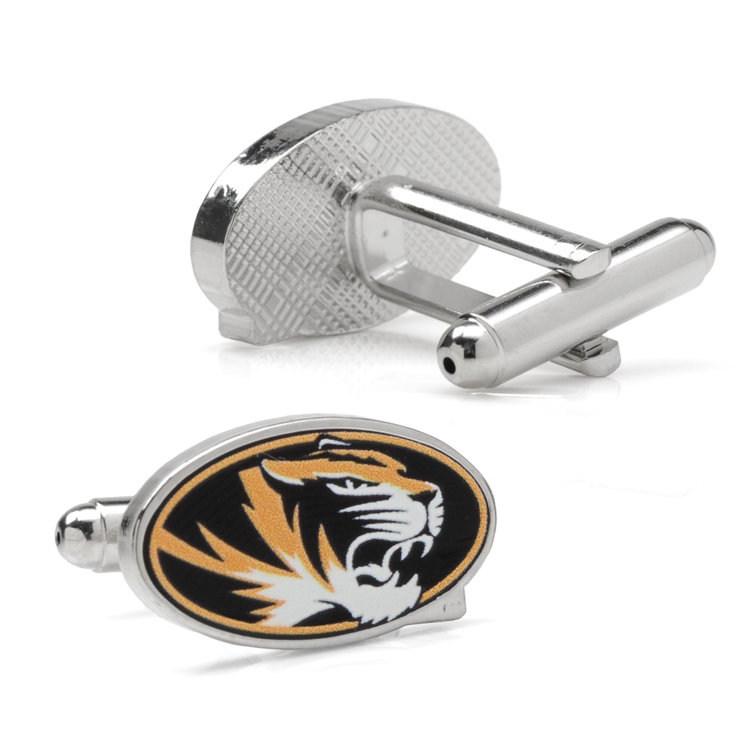 Display your school spirit with NCAA University of Missouri Tigers Cufflinks by Cufflinks.com, featuring the Tigers logo in black, gold, and white on a polished silver-tone base.