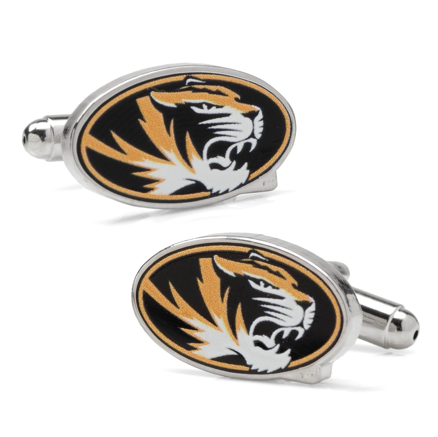 Display your school spirit with NCAA University of Missouri Tigers Cufflinks by Cufflinks.com, featuring the Tigers logo in black, gold, and white on a polished silver-tone base.