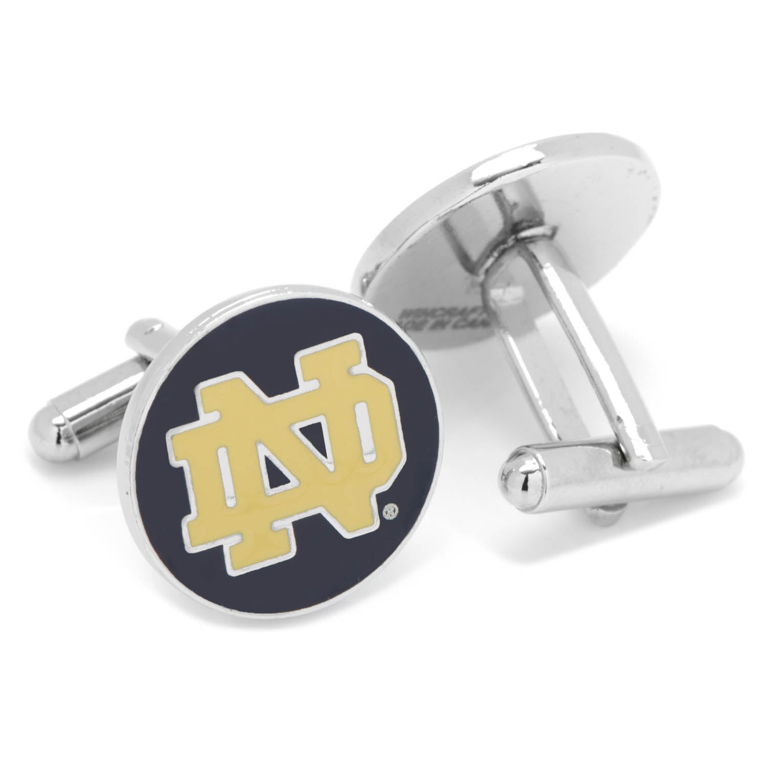 Show your team pride with NCAA Notre Dame University Cufflinks by Cufflinks.com, featuring a gold interlocking "ND" logo on a dark blue round background—ideal accessories for any Fighting Irish fan.