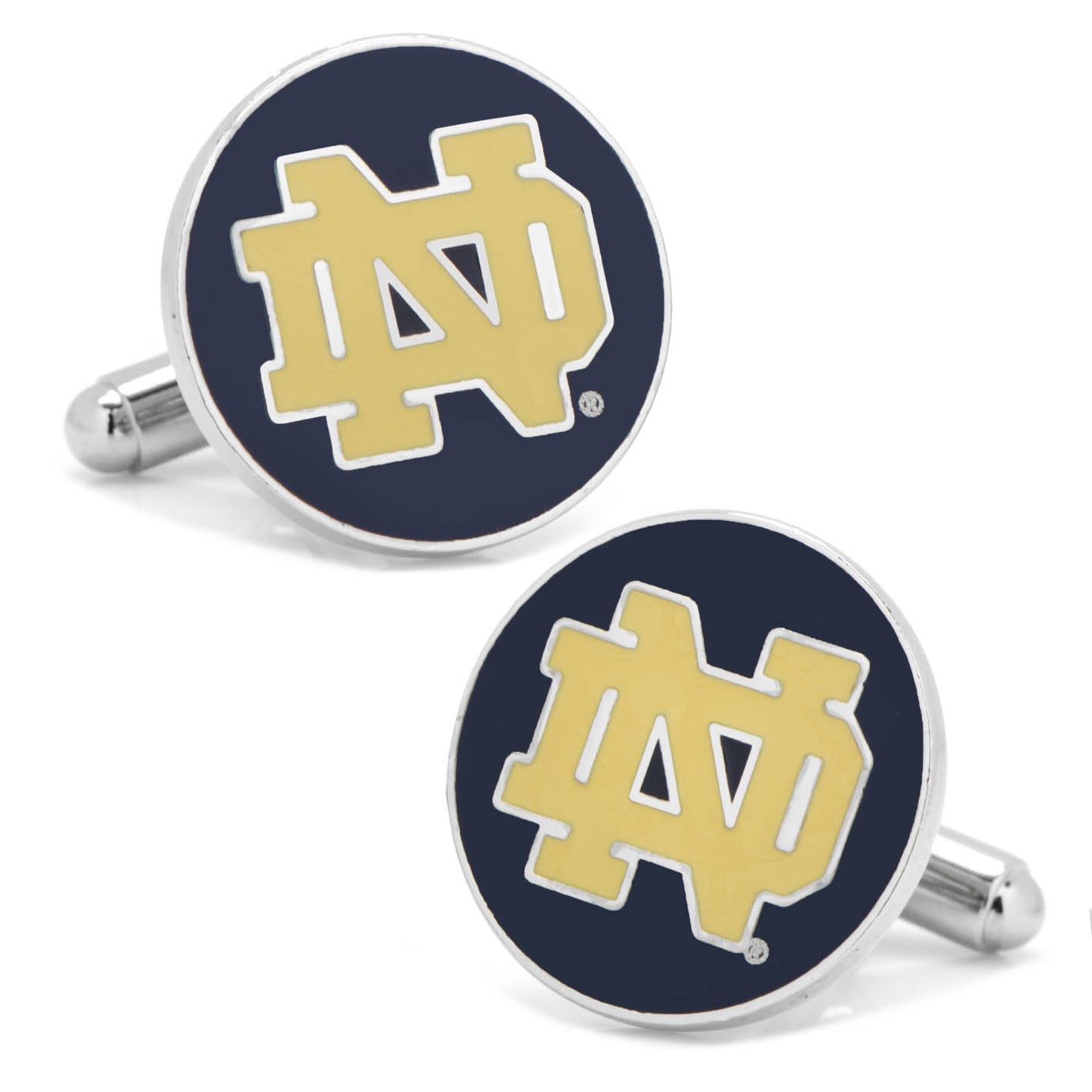 Show your team pride with NCAA Notre Dame University Cufflinks by Cufflinks.com, featuring a gold interlocking "ND" logo on a dark blue round background—ideal accessories for any Fighting Irish fan.