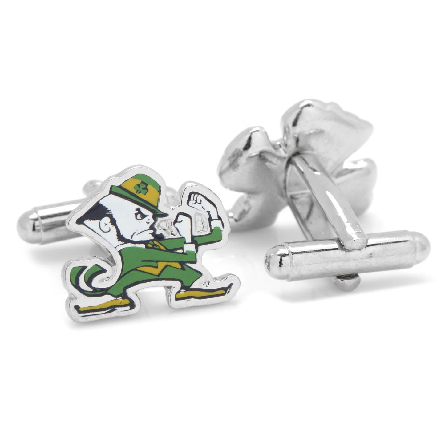 NCAA Notre Dame University Fighting Leprechaun Cufflinks by Cufflinks.com feature the mascot in a fighting pose with a green suit, shamrock hat, and yellow shoes—a spirited gift for Notre Dame fans and NCAA cufflink collectors.