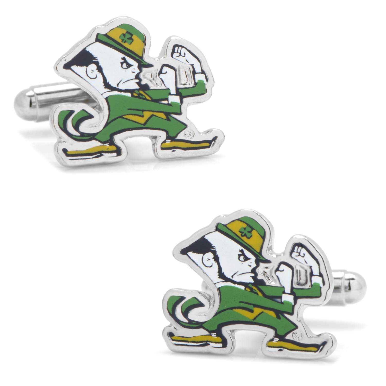 NCAA Notre Dame University Fighting Leprechaun Cufflinks by Cufflinks.com feature the mascot in a fighting pose with a green suit, shamrock hat, and yellow shoes—a spirited gift for Notre Dame fans and NCAA cufflink collectors.