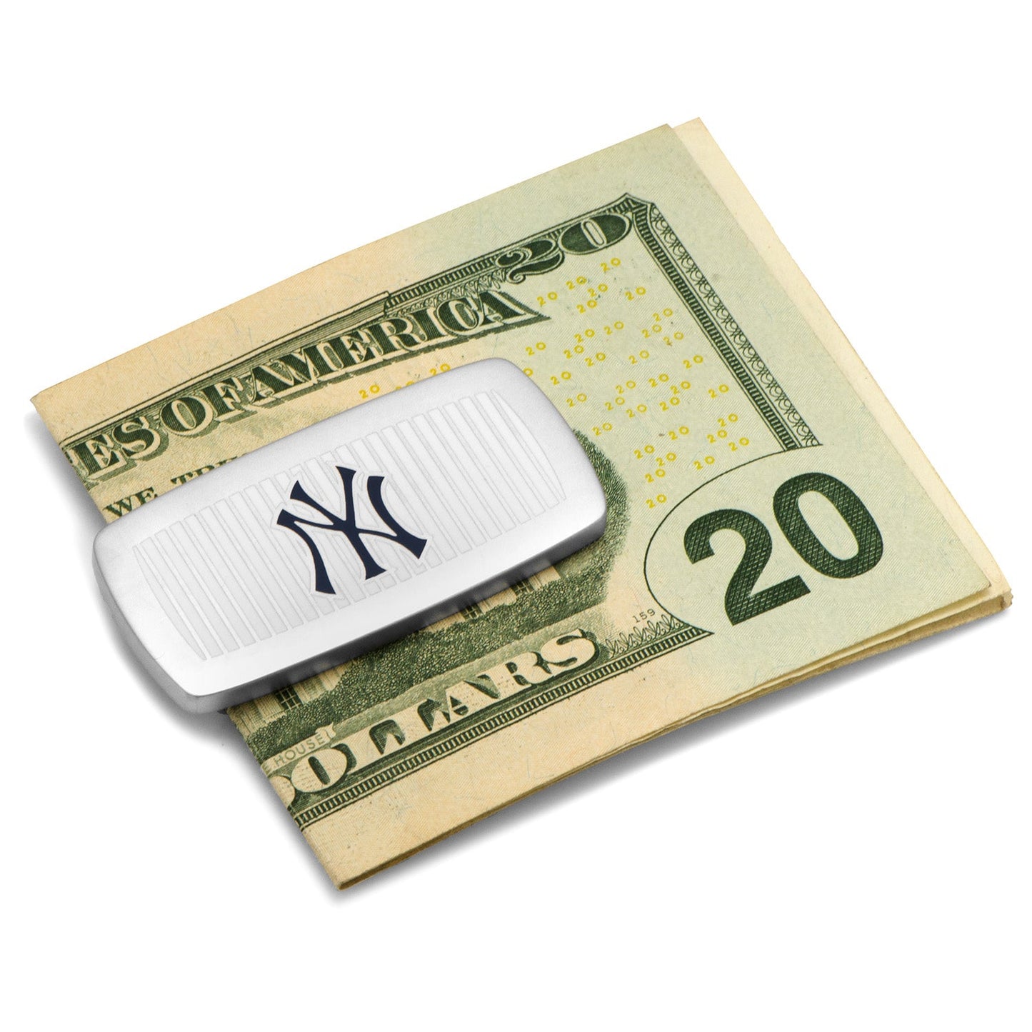 The MLB New York Yankees Pinstripe Cushion Money Clip from Cufflinks.com features a ridged silver surface and a dark blue Yankees logo—making it a stylish accessory for any New York Yankees fan.