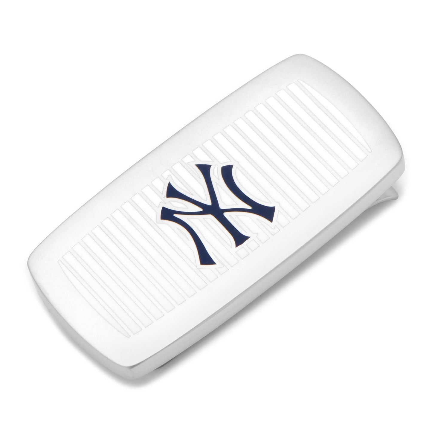 The MLB New York Yankees Pinstripe Cushion Money Clip from Cufflinks.com features a ridged silver surface and a dark blue Yankees logo—making it a stylish accessory for any New York Yankees fan.