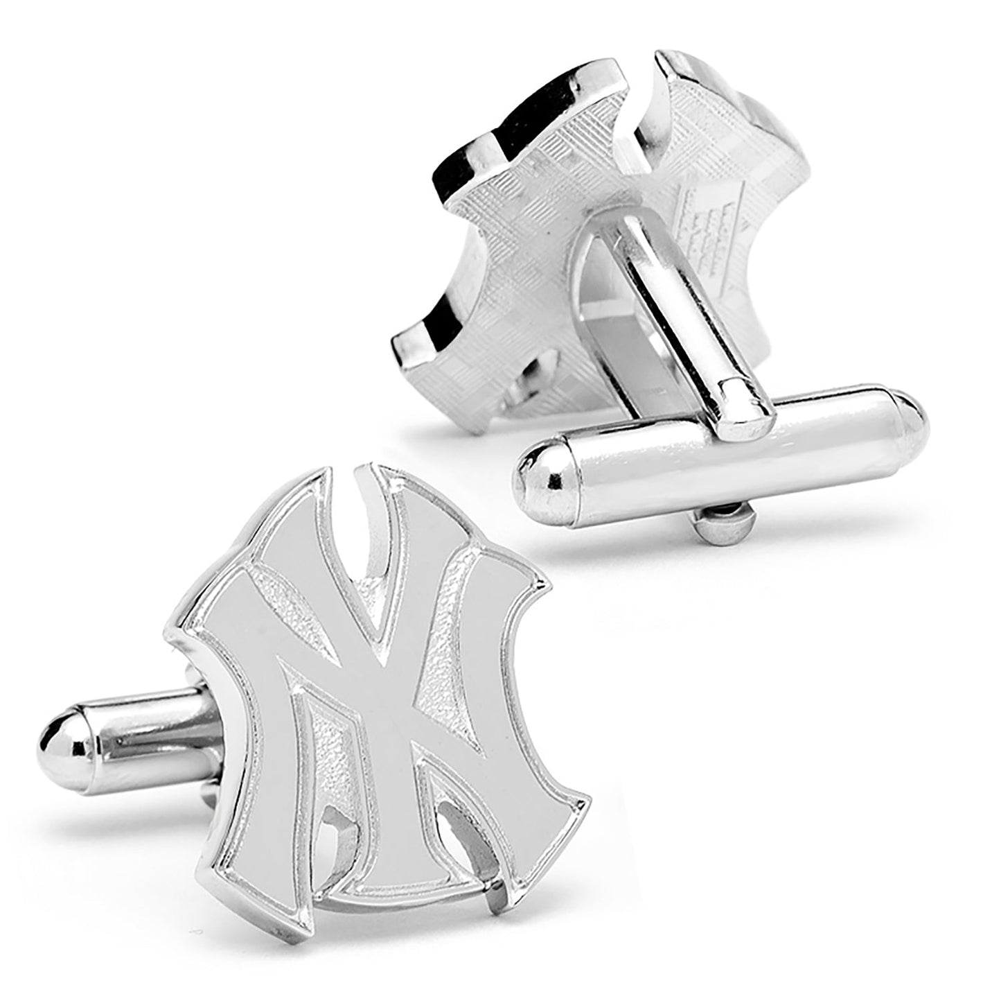 MLB New York Yankees Silver Logo Cufflinks by Cufflinks.com, shaped like the Yankees logo and shown on a white background.