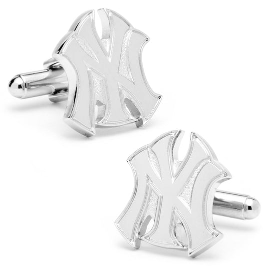 MLB New York Yankees Silver Logo Cufflinks by Cufflinks.com, shaped like the Yankees logo and shown on a white background.