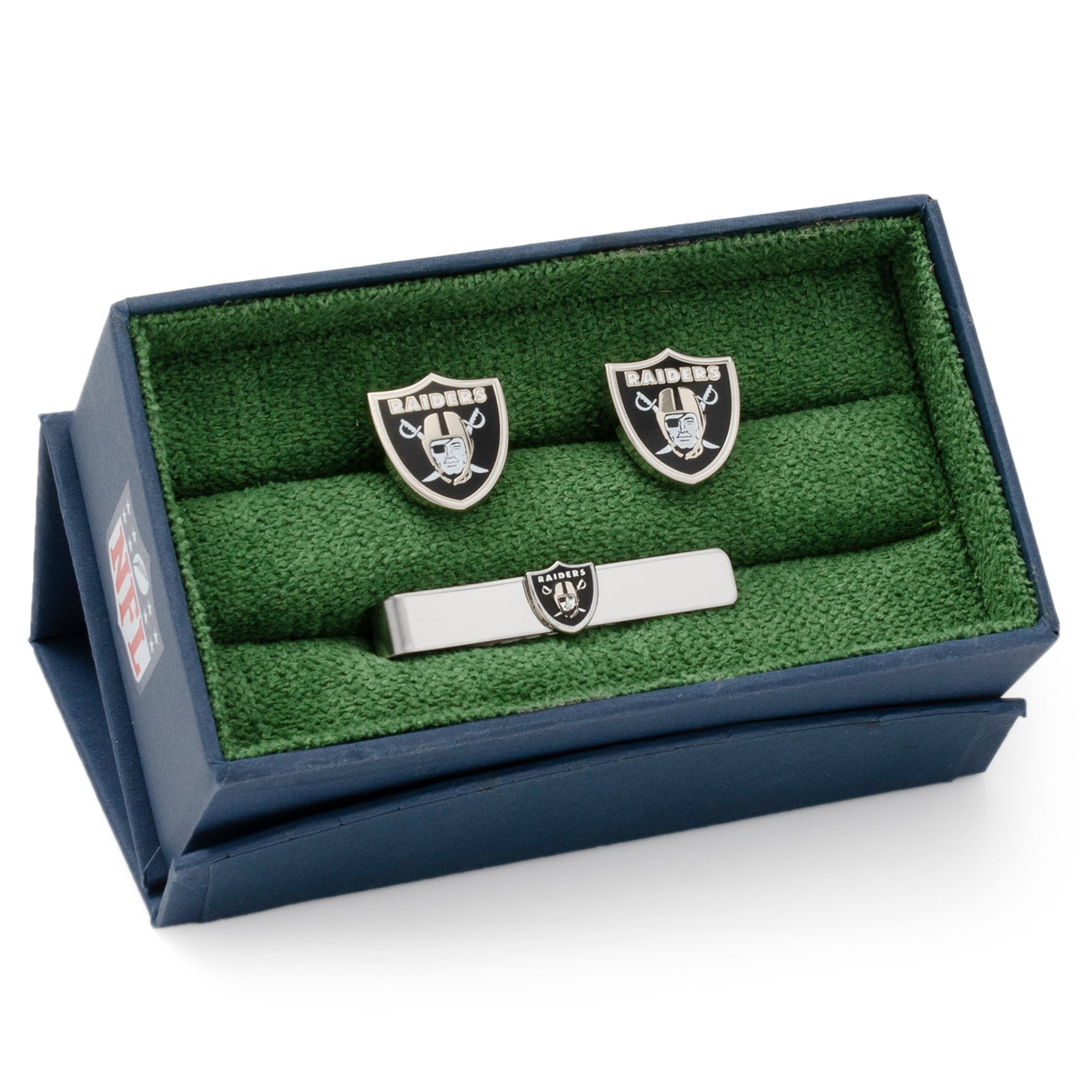 Display your team spirit with the NFL Las Vegas Raiders Cufflinks and Tie Bar Gift Set by Cufflinks.com, featuring the iconic shield, helmeted figure, and crossed swords in black and silver.