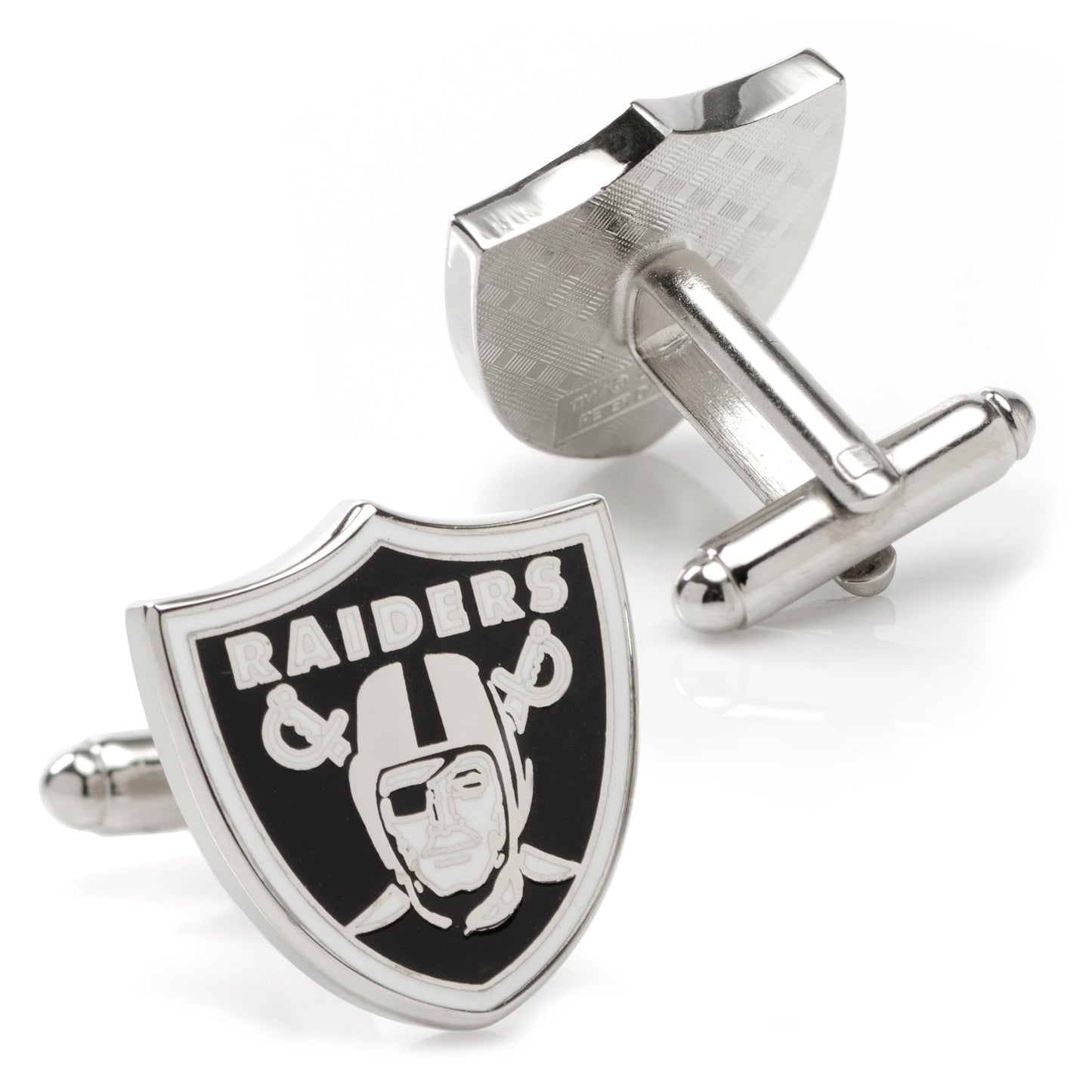 Display your team spirit with the NFL Las Vegas Raiders Cufflinks and Tie Bar Gift Set by Cufflinks.com, featuring the iconic shield, helmeted figure, and crossed swords in black and silver.