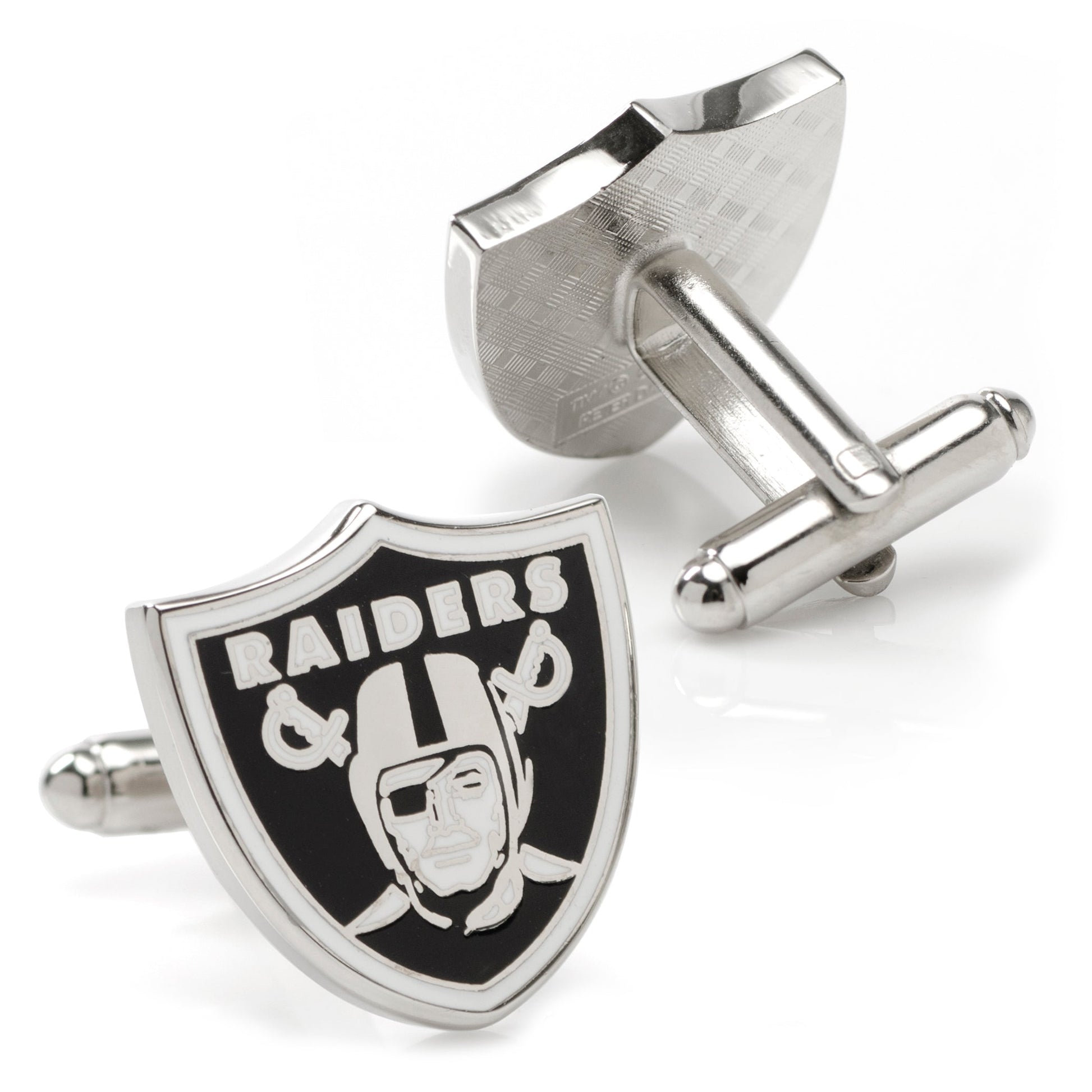 Display your team spirit with the NFL Las Vegas Raiders Cufflinks and Tie Bar Gift Set by Cufflinks.com, featuring the iconic shield, helmeted figure, and crossed swords in black and silver.