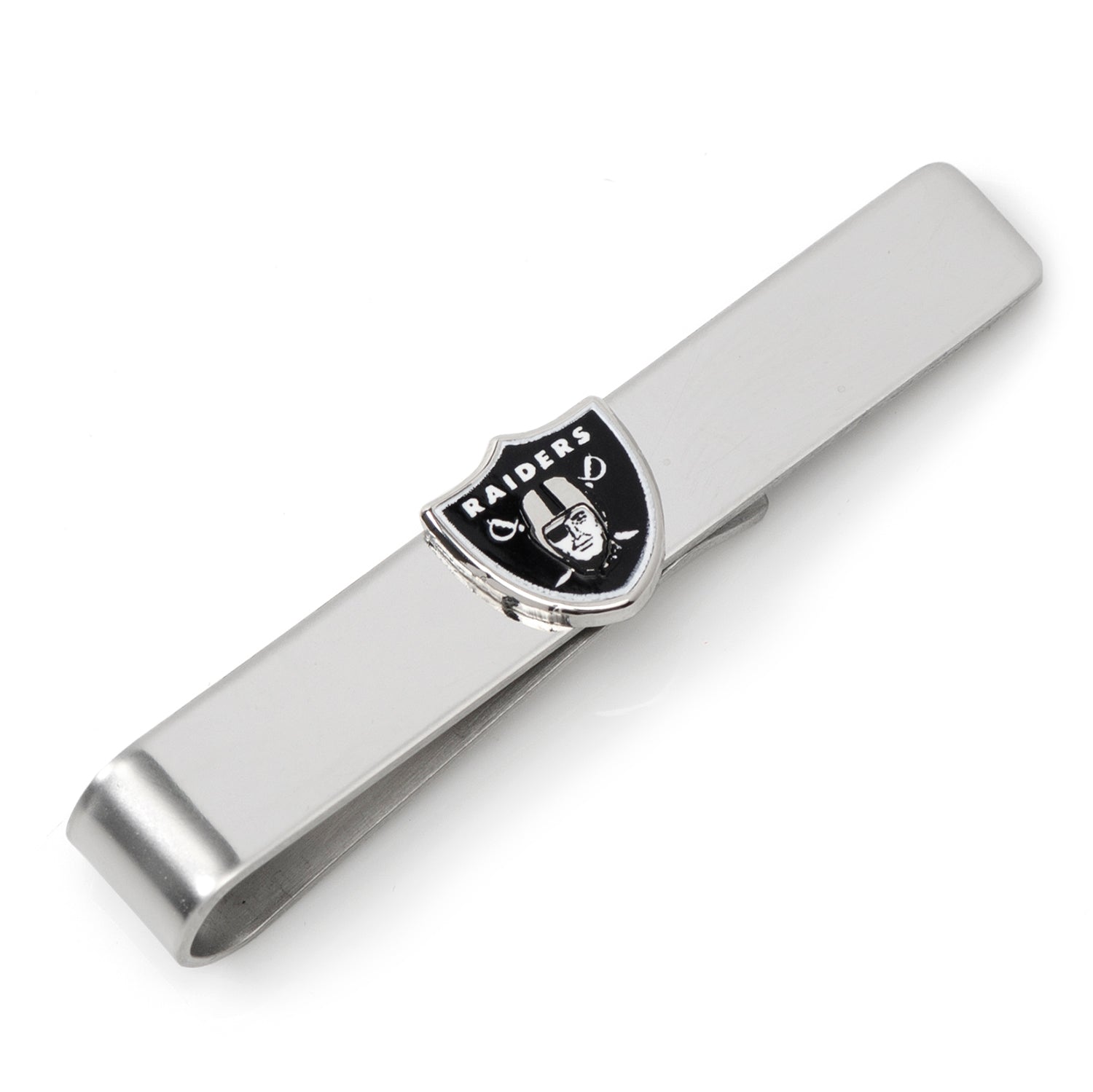 Display your team spirit with the NFL Las Vegas Raiders Cufflinks and Tie Bar Gift Set by Cufflinks.com, featuring the iconic shield, helmeted figure, and crossed swords in black and silver.