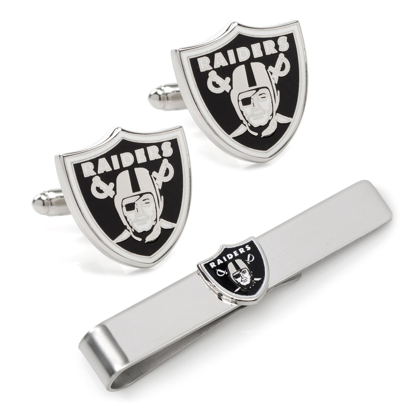 Display your team spirit with the NFL Las Vegas Raiders Cufflinks and Tie Bar Gift Set by Cufflinks.com, featuring the iconic shield, helmeted figure, and crossed swords in black and silver.