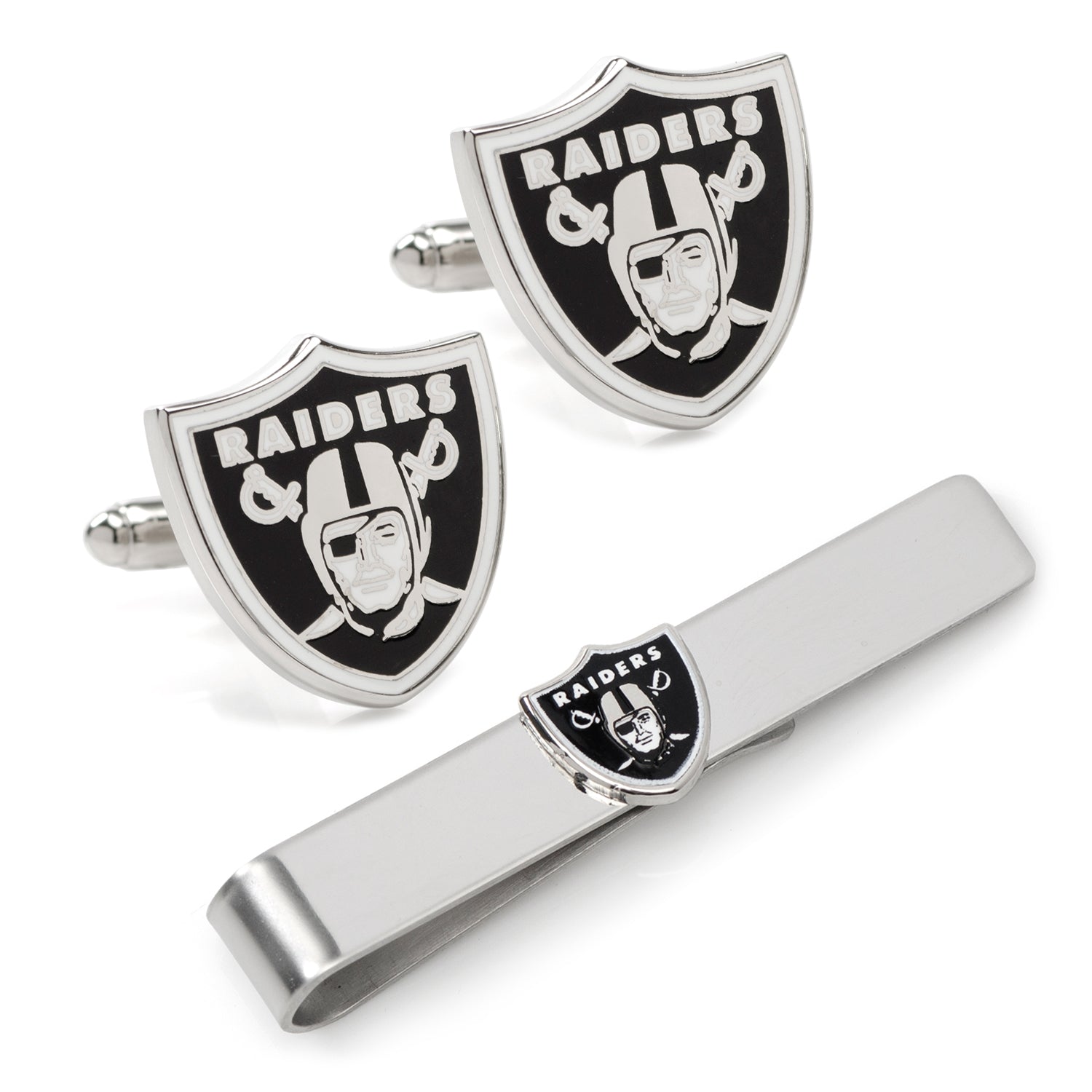 Display your team spirit with the NFL Las Vegas Raiders Cufflinks and Tie Bar Gift Set by Cufflinks.com, featuring the iconic shield, helmeted figure, and crossed swords in black and silver.