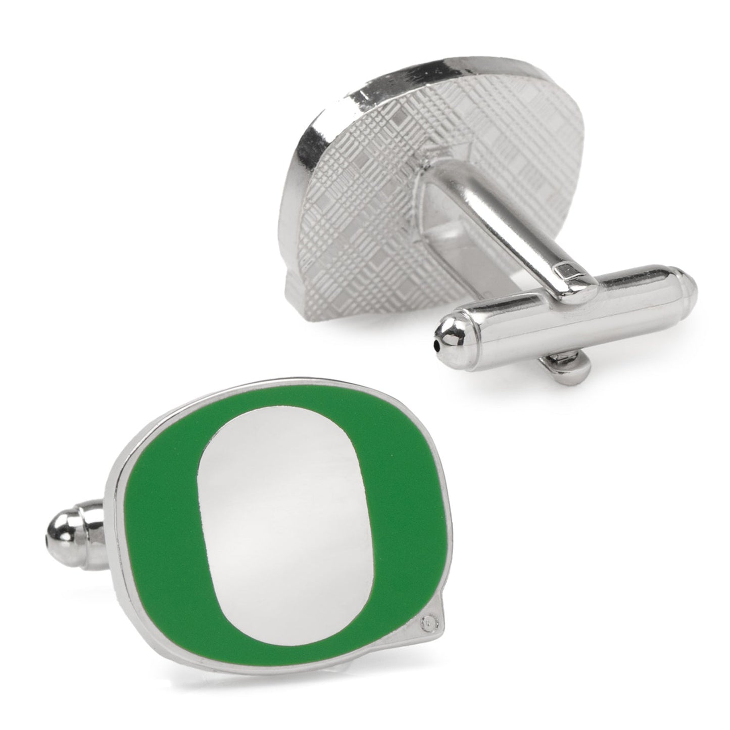 Cufflinks.com NCAA Oregon Ducks Cufflinks feature a silver finish with a green and white "O" design on each face.