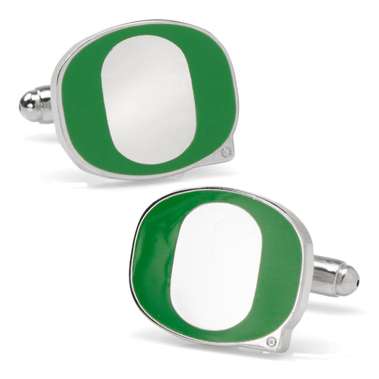 Cufflinks.com NCAA Oregon Ducks Cufflinks feature a silver finish with a green and white "O" design on each face.