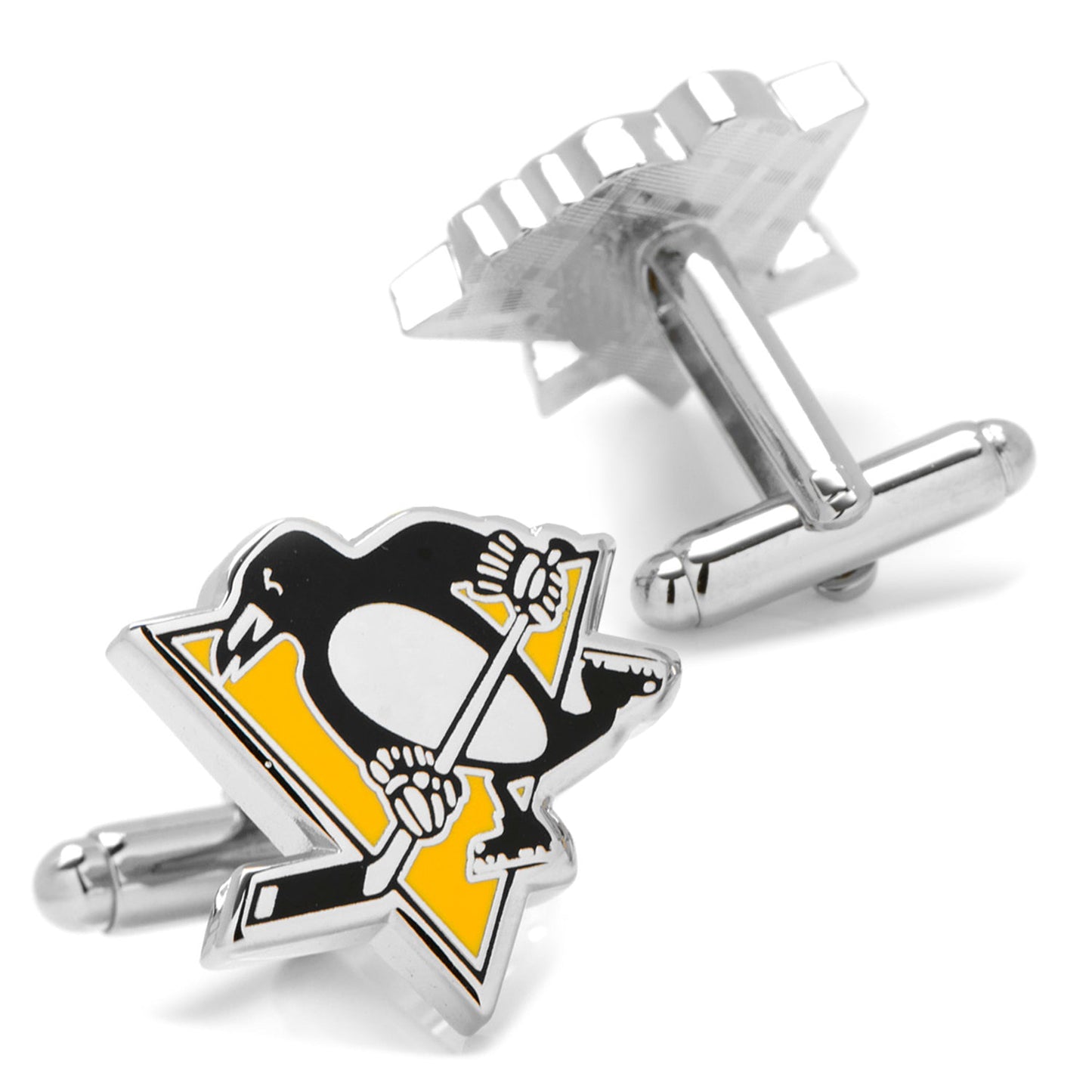 NHL Pittsburgh Penguins Cufflinks by Cufflinks.com, showcasing the team's black and white penguin mascot with hockey stick on a yellow triangle background.