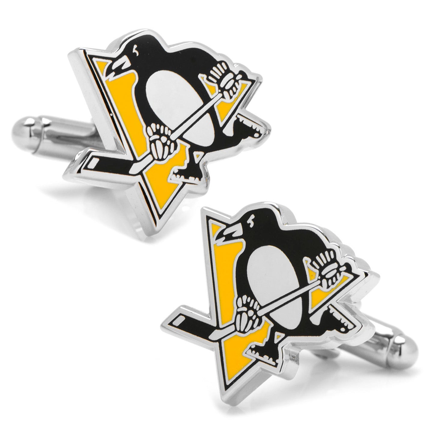 NHL Pittsburgh Penguins Cufflinks by Cufflinks.com, showcasing the team's black and white penguin mascot with hockey stick on a yellow triangle background.