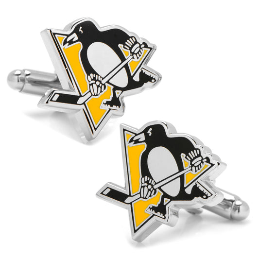 NHL Pittsburgh Penguins Cufflinks by Cufflinks.com, showcasing the team's black and white penguin mascot with hockey stick on a yellow triangle background.