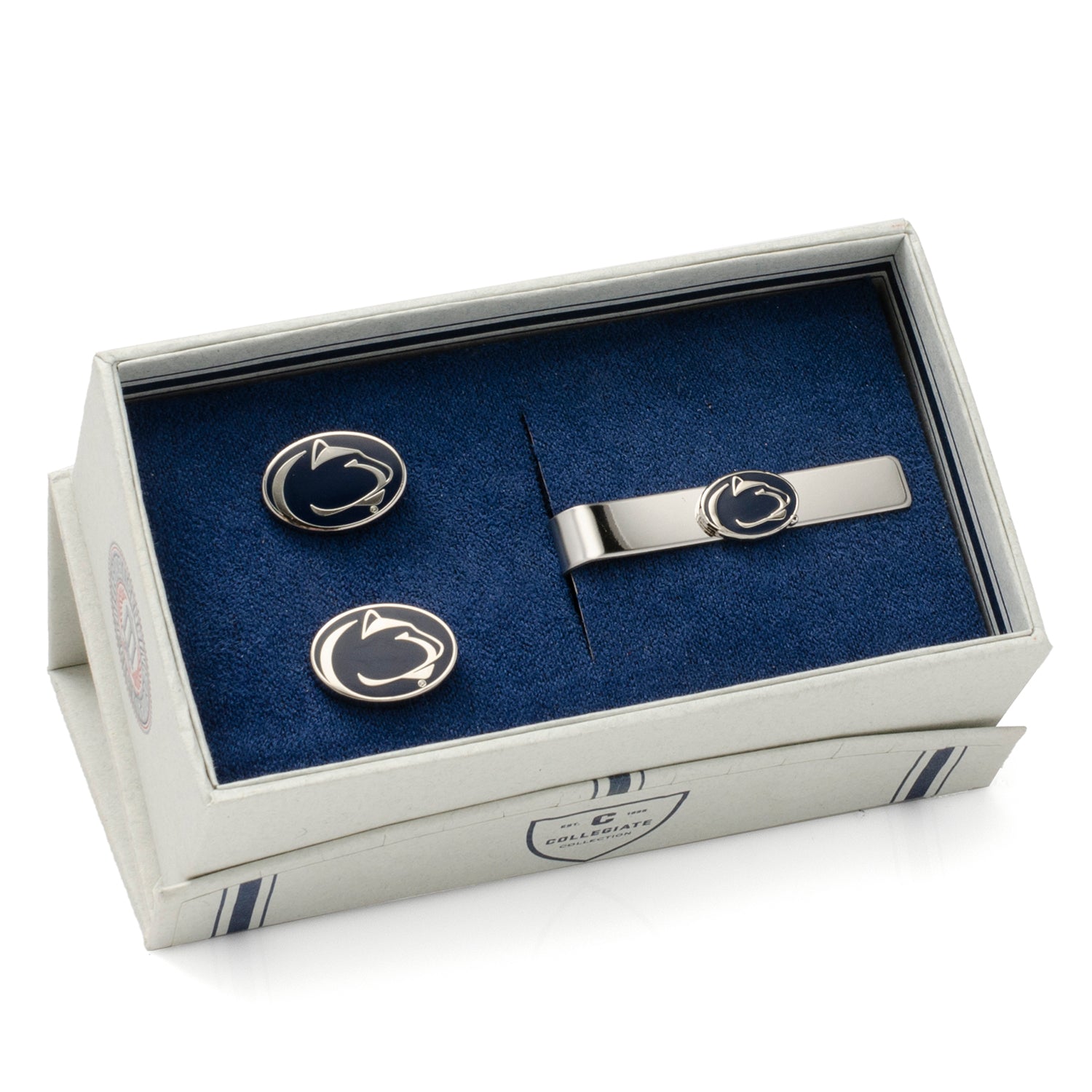 The NCAA Penn State University Cufflinks and Tie Clip Gift Set by Cufflinks.com features silver accessories with a navy emblem and white Nittany Lion head—perfect for any fan or alum.