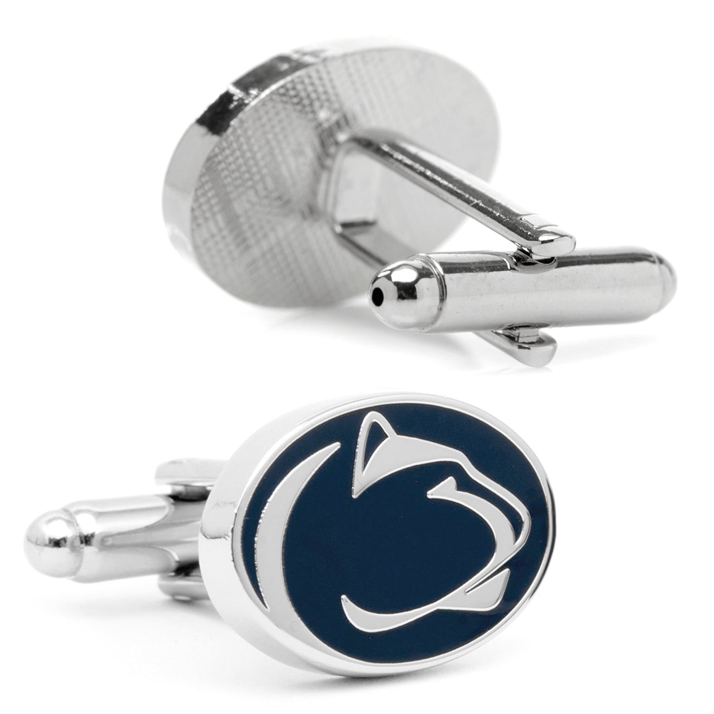 The NCAA Penn State University Cufflinks and Tie Clip Gift Set by Cufflinks.com features silver accessories with a navy emblem and white Nittany Lion head—perfect for any fan or alum.