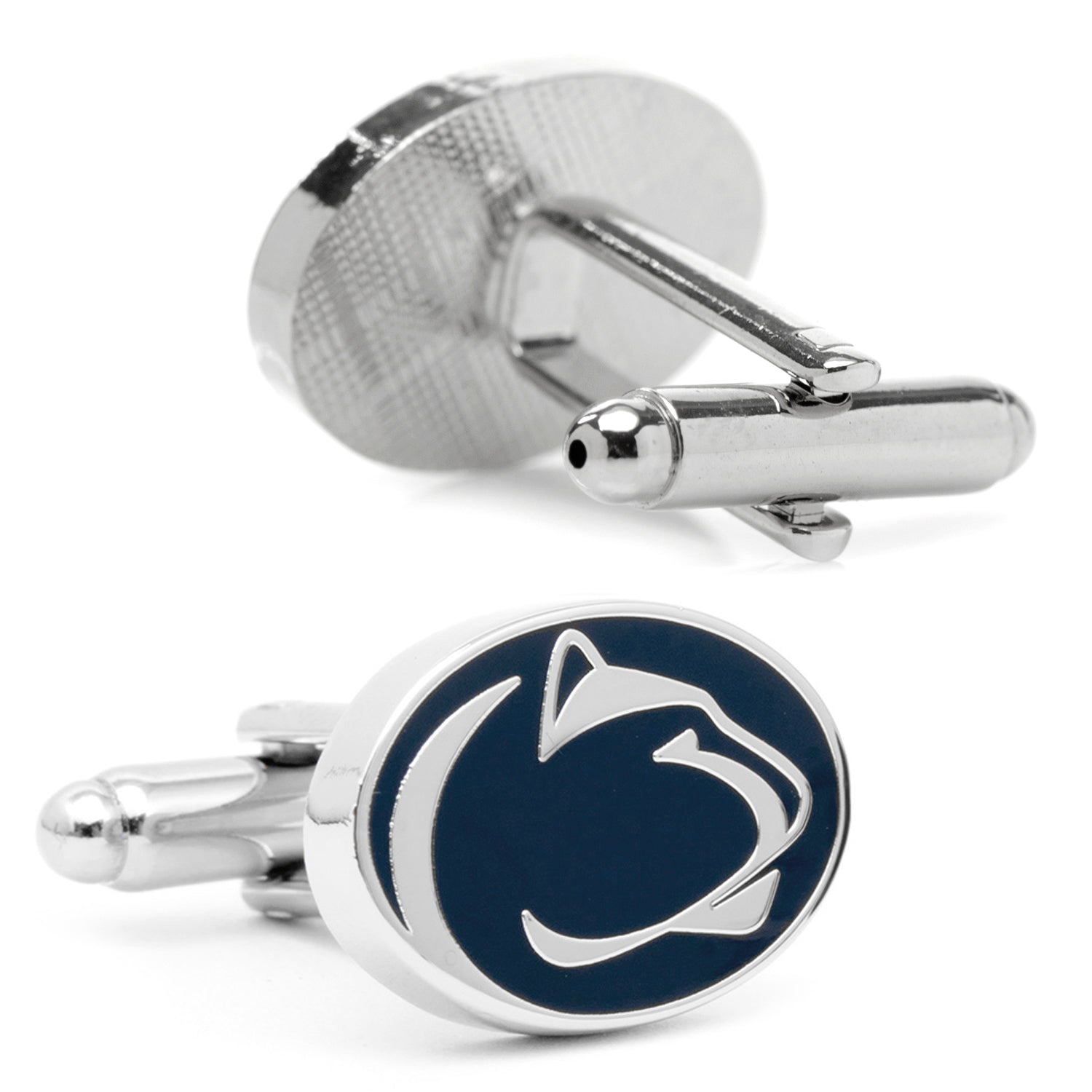 The NCAA Penn State University Cufflinks and Tie Clip Gift Set by Cufflinks.com features silver accessories with a navy emblem and white Nittany Lion head—perfect for any fan or alum.