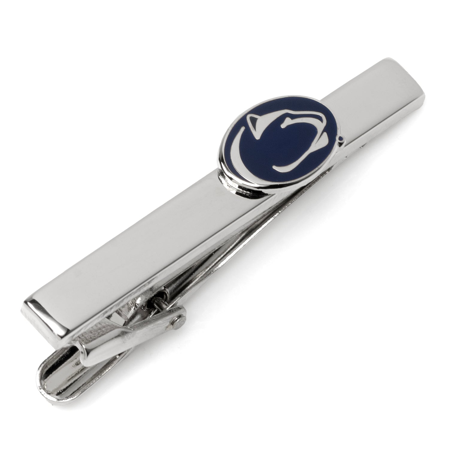The NCAA Penn State University Cufflinks and Tie Clip Gift Set by Cufflinks.com features silver accessories with a navy emblem and white Nittany Lion head—perfect for any fan or alum.