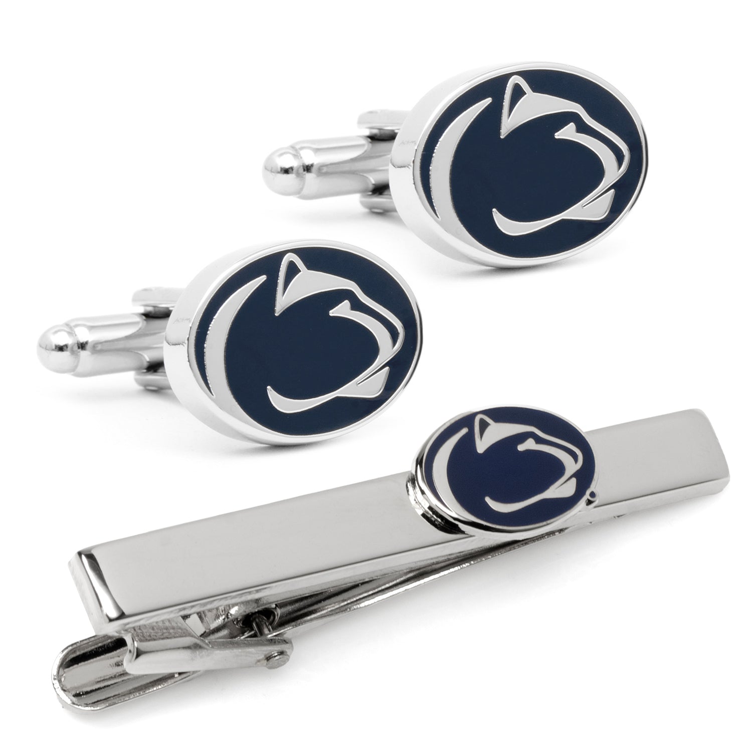 The NCAA Penn State University Cufflinks and Tie Clip Gift Set by Cufflinks.com features silver accessories with a navy emblem and white Nittany Lion head—perfect for any fan or alum.