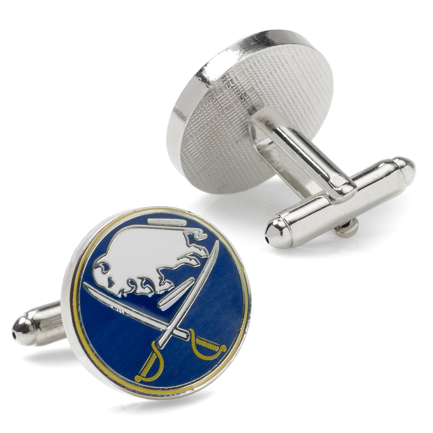 The NHL Buffalo Sabres Cufflinks by Cufflinks.com feature a white buffalo and crossed sabers on blue with yellow accents—officially licensed accessories perfect for any dedicated hockey fan.