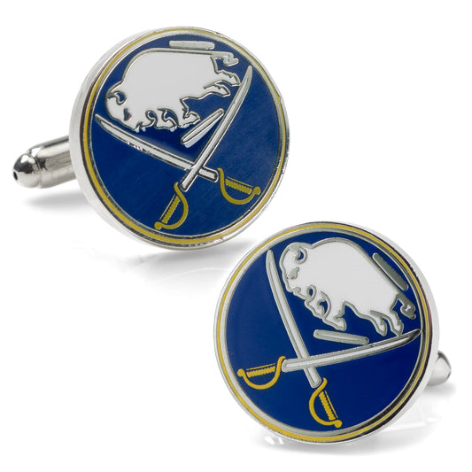 The NHL Buffalo Sabres Cufflinks by Cufflinks.com feature a white buffalo and crossed sabers on blue with yellow accents—officially licensed accessories perfect for any dedicated hockey fan.