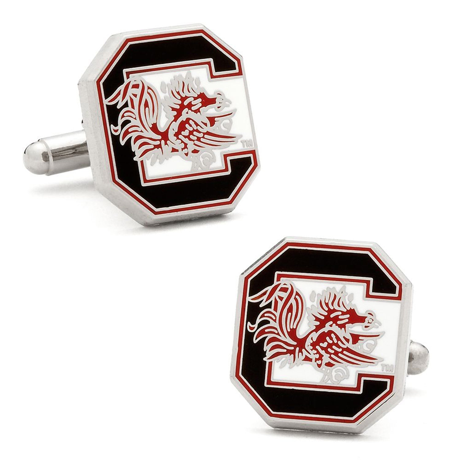 The Cufflinks.com NCAA South Carolina Gamecocks Cufflinks and Tie Bar Gift Set features the team's logo in red, black, and white on a sleek silver background.